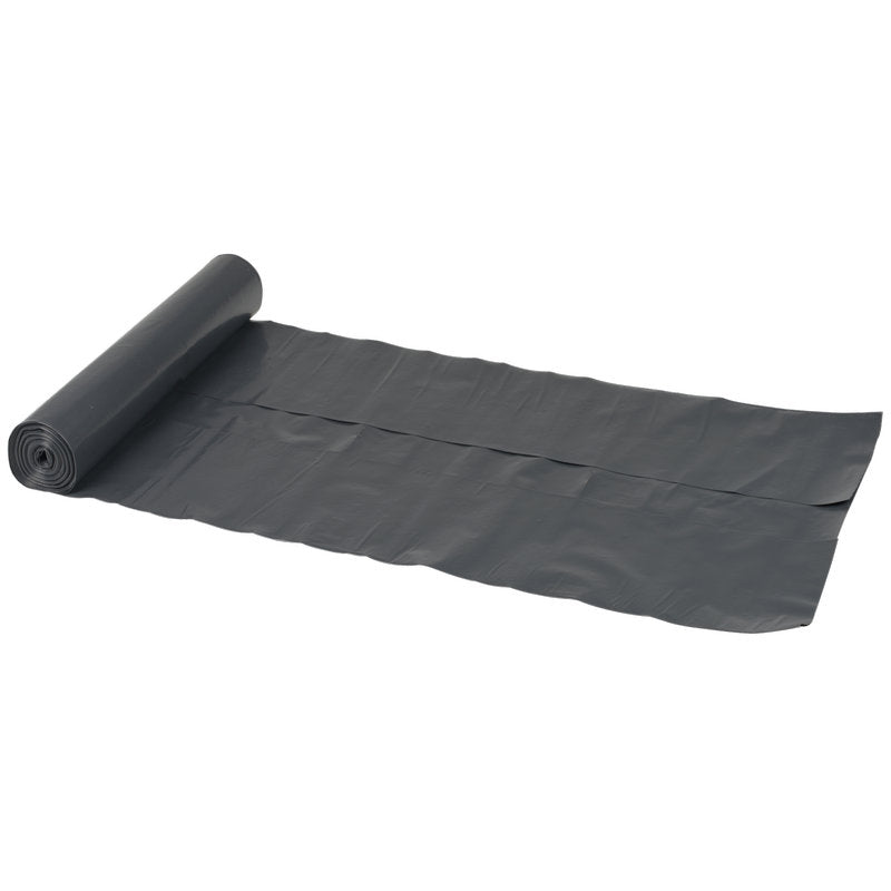 A roll of Abena Re-Seller GmbH trash bags 120 L (700x1100 mm, 70 my LDPE, black, roll with 10 bags) is partially unrolled, with several connected bags lying flat on a white background.