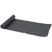 A roll of Abena Re-Seller GmbH trash bags 120 L (700x1100 mm, 70 my LDPE, black, roll with 10 bags) is partially unrolled, with several connected bags lying flat on a white background.