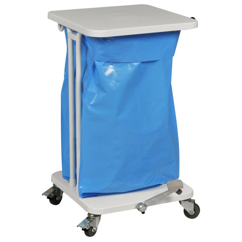 The Sækko Boy 40 from Abena Re-Seller GmbH is a white, mobile laundry cart with a lid and pedal, blue plastic bag, sturdy metal frame, flat roof and four swivel casters for easy maneuverability.