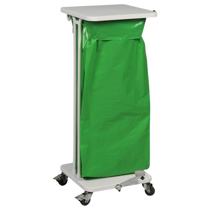 The Sækko Boy 60 from Abena Re-Seller GmbH is a white mobile trash bag holder with lid and pedal, ideal for convenient waste disposal. Delivered as a pack in a box (With lid and pedal, White).