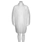 A functionless mannequin wears a long, white visitor coat (Nonwoven/PP) with sleeves and collar from Abena Re-Seller GmbH, buttoned at the front. The plain background is white.