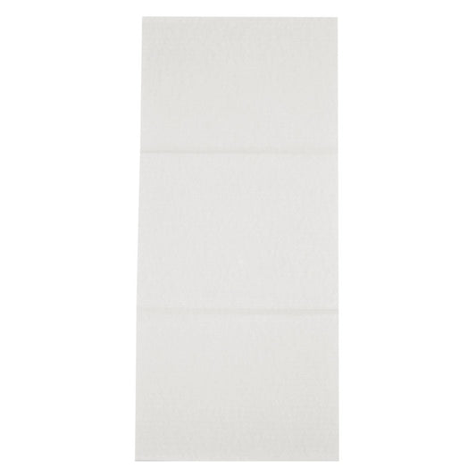 An unfolded rectangular disposable towel, airlaid, white from Abena Re-Seller GmbH lies flat on an even surface with visible crease marks.