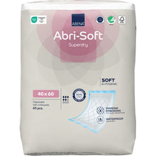 A pack of 60 Abena Re-Seller GmbH disposable underlays, Abri-Soft Superdry, blue (40 x 60 cm). Perfect for care facilities, they are characterized by their softness, hygiene, diamond-pattern embossing, and a waterproof backing.