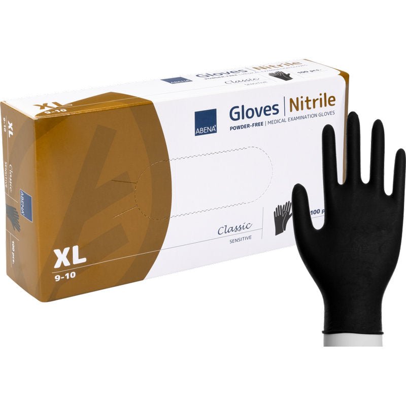 A box of Abena Re-Seller GmbH Nitrile Gloves Classic Sensit., powder-free, black (Size XL, 100 pieces) is pictured. Next to it stands a black glove upright.