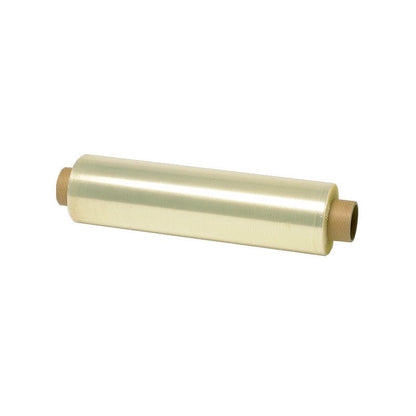 A clear Abena Re-Seller GmbH cling film, PE, non-perforated, 12 my roll with cardboard sleeves at each end, ideal for food packaging, depicted on a white background.