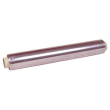 A roll of Abena Re-Seller GmbH cling film, PVC, 8my with white cylindrical end caps is presented against a plain white background, ideal for storing food.