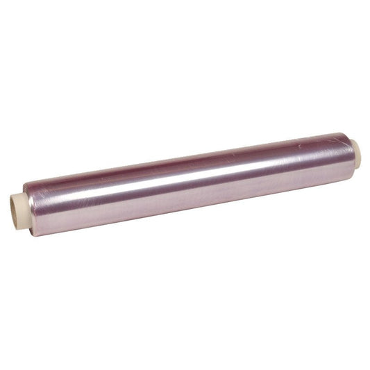 A roll of Abena Re-Seller GmbH cling film, PVC, 8my with white cylindrical end caps is presented against a plain white background, ideal for storing food.