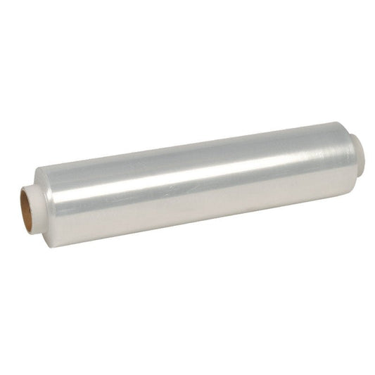 A roll of Abena Re-Seller GmbH plastic wrap, PE, unperforated, loose rolls with a cardboard core, ideal for food storage, pictured against a plain white background.