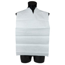 A white disposable dining bib blue/white with pocket (38x70 cm) from Abena Re-Seller GmbH covers the chest and shoulders of a black mannequin torso and features a neck cutout for a secure fit. Package: 100 pieces.