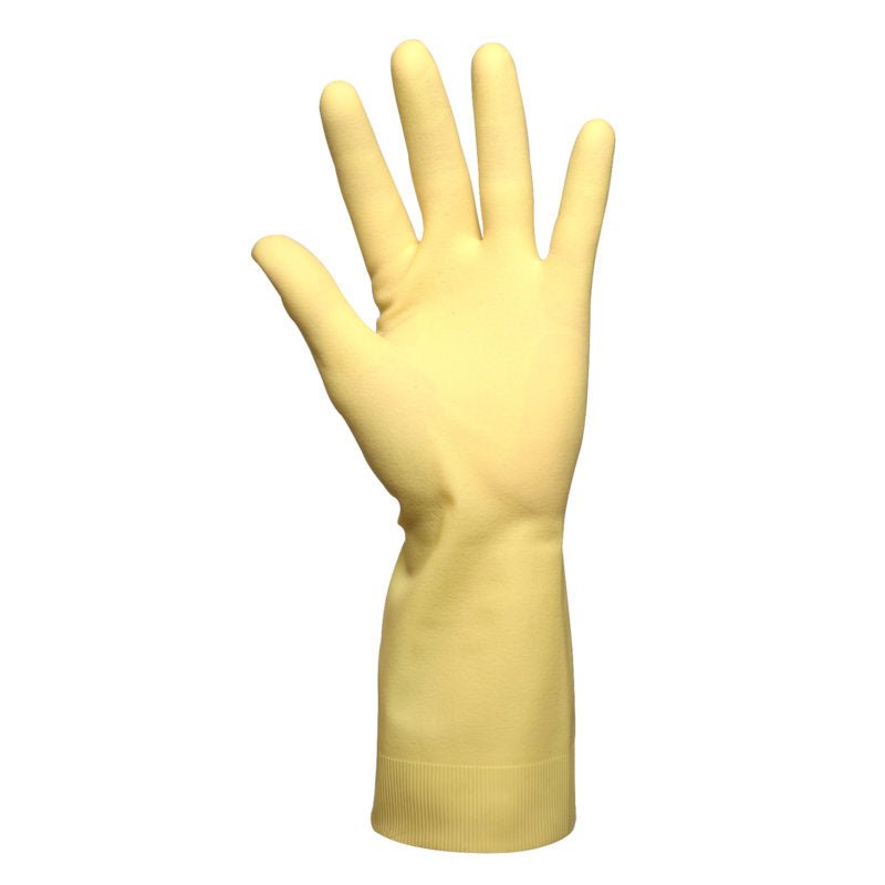 A single Abena Re-Seller GmbH household glove Latex, Yellow, Neoprene with an extended cuff stands upright on a white background, open with splayed fingers and thumb for household use.