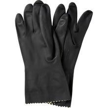 A pair of Abena Re-Seller GmbH household gloves latex, black with textured fingertips and palms and curved cuffs lies flat on a white background.