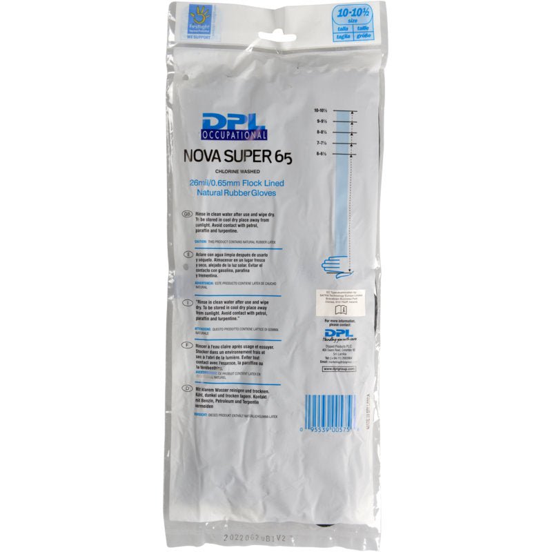 A sealed plastic package contains Abena Re-Seller GmbH household gloves latex, black, 28cm/0.65mm, with printed instructions and branding, as well as a transparent section where the household gloves can be seen.