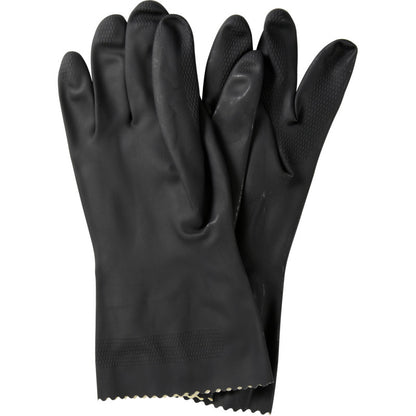 A pair of Abena Re-Seller GmbH household gloves latex, black with textured fingertips and palms, laid flat on a white background.