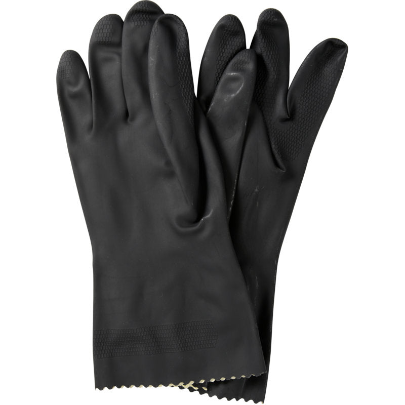 A pair of Abena Re-Seller GmbH household gloves latex, black with textured grip on fingers and palms overlap, shown against a white background.
