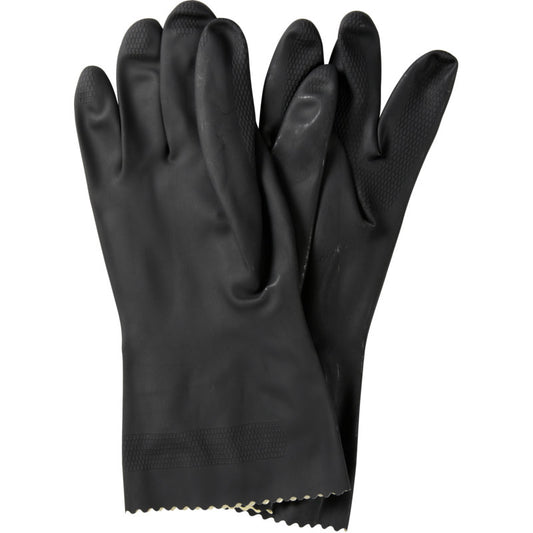 A pair of Abena Re-Seller GmbH household gloves latex, black with textured grip on fingers and palms overlap, shown against a white background.