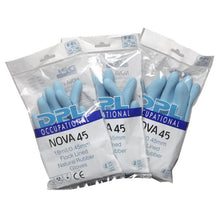 Three unopened packages of Abena Re-Seller GmbH household latex gloves, blue, each containing one pair of flock-lined gloves per package. Product information and sizes are printed on each package.
