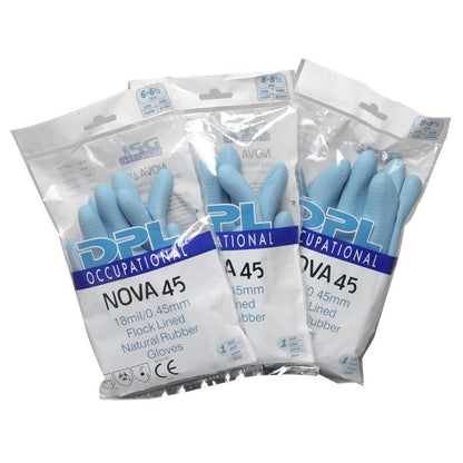 Displayed are three packages of Abena Re-Seller GmbH household latex gloves, blue. Each package contains a pair of flocked natural rubber gloves in a clear package - ideal as cleaning gloves for various tasks.