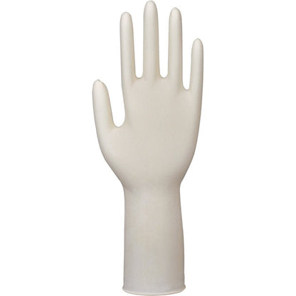 A single Abena Re-Seller GmbH Latex Glove Classic, powder-free, long, natural is shown standing upright with extended fingers, viewed from the palm side.