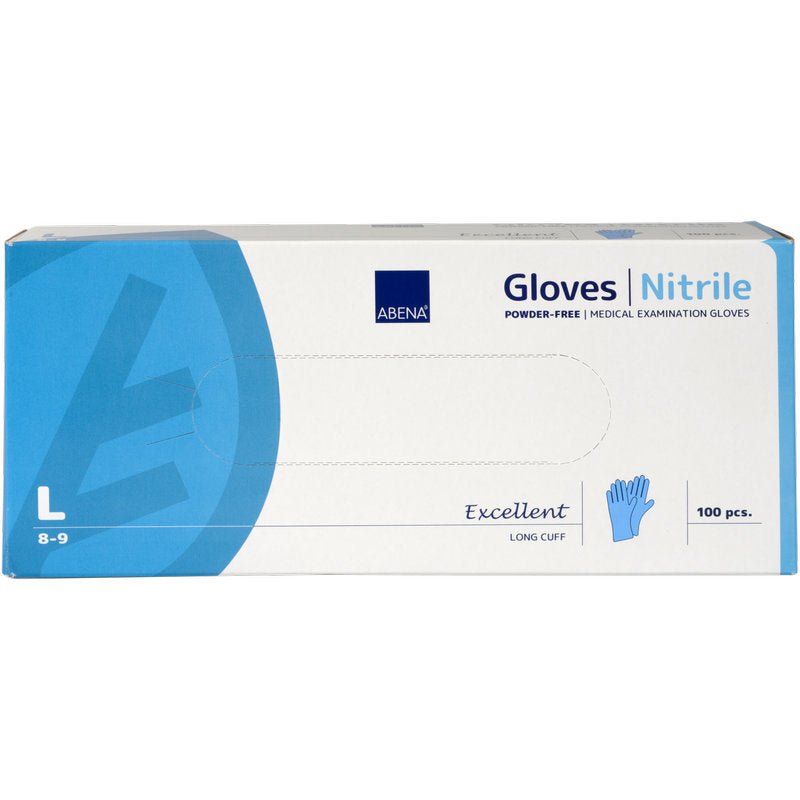 A box of Abena Re-Seller GmbH Nitrile Gloves Excellent, size Large, powder-free and long, blue. Contains 100 medical gloves in predominantly white-blue packaging with accents and text.