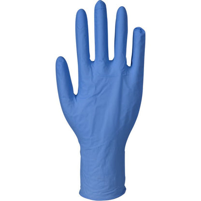 A single Abena Re-Seller GmbH Nitrile Glove Excellent, powder-free, long, blue is depicted upright with outstretched fingers and a forward-facing palm against a white background.
