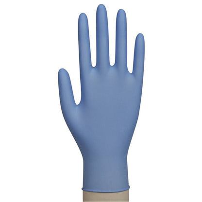An Abena Re-Seller GmbH Nitrile Glove Excellent, powder-free, blue is worn on a left hand with fingers stretched upwards against a plain white background.