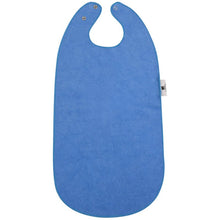 The "Washable Bib for Children, 28x58.5 cm, Blue" from Abena Re-Seller GmbH is a blue, washable bib with two metal buttons at the neck and a white label on the right edge, flat on a white background. Sold in boxes (pack of 10).