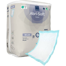 The image shows a 60-pack of Abena Re-Seller GmbH's Abri-Soft Classic disposable underpads (40x60 cm, blue), with one underpad removed from the packaging, featuring a white absorbent core and a blue border.
