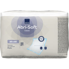 A package containing 25 Abena Re-Seller GmbH disposable Abri-Soft Classic pads, 60x60 cm, blue. The packaging shows product details, a picture of the pad, and certification symbols.