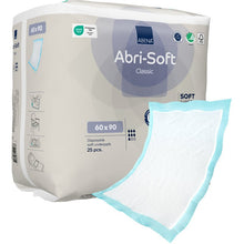 A package of Abena Re-Seller GmbH's Abri-Soft Classic disposable underpads (60x90 cm, blue) contains 25 pieces. The front of the package shows an individual disposable underpad with a blue border and a white center.