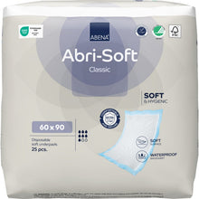 A 25-pack of Abena Re-Seller GmbH's Abri-Soft Classic disposable pads, 60x90 cm, blue, offers softness, hygiene, a waterproof barrier, and extra absorbency.