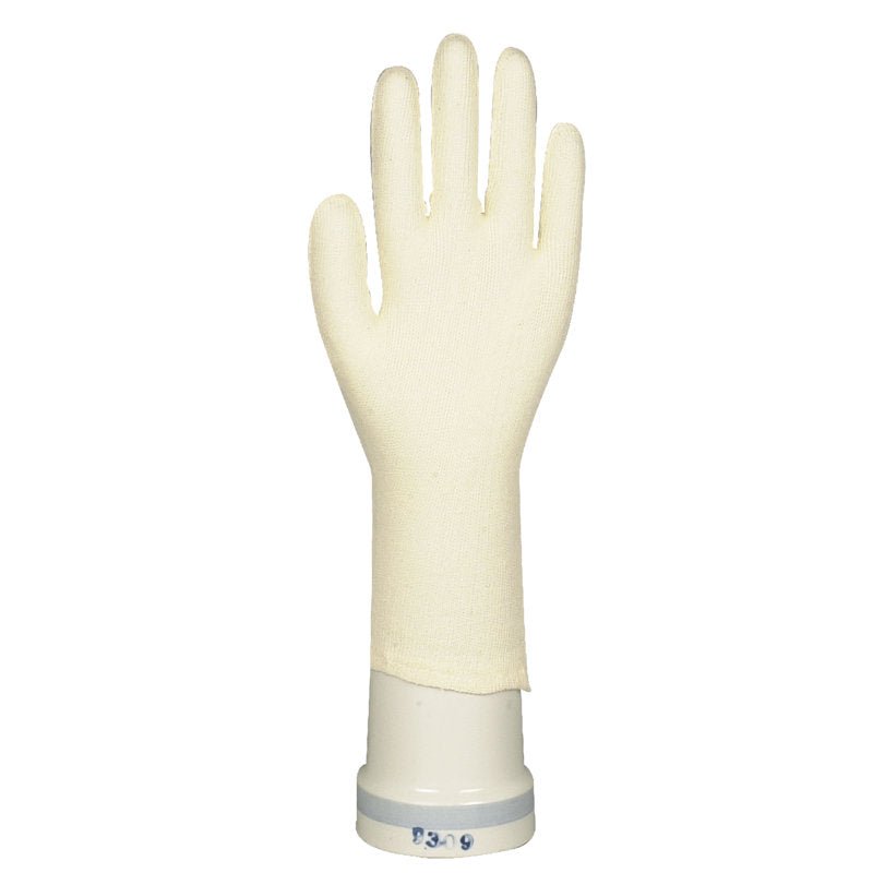The Abena Re-Seller GmbH cotton gloves with fingers, depicted upright with outstretched fingers and a separated thumb on a white cylindrical stand, are perfect for gardening and occupational safety.