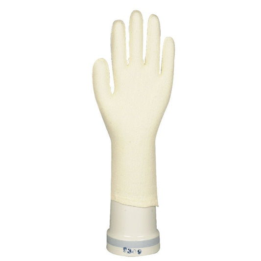 The Abena Re-Seller GmbH cotton gloves with fingers, depicted upright with outstretched fingers and a separated thumb on a white cylindrical stand, are perfect for gardening and occupational safety.