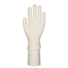 A single cream-colored cotton glove with fingers from Abena Re-Seller GmbH stands upright on a cylindrical white stand against a plain background. This simple five-finger glove is ideal for gardening or occupational safety.