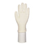 A single cream-colored cotton glove with fingers from Abena Re-Seller GmbH stands upright on a cylindrical white stand against a plain background. This simple five-finger glove is ideal for gardening or occupational safety.