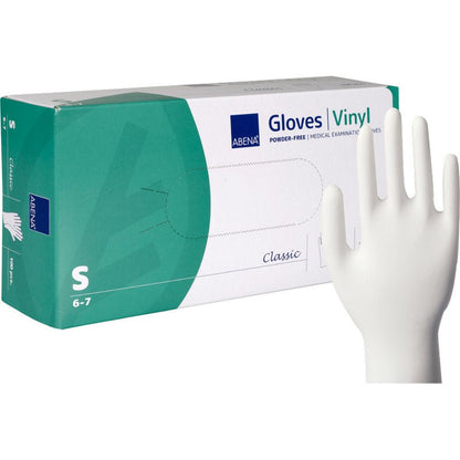 A box of Abena Re-Seller GmbH Vinyl Gloves Classic, powder-free and transparent in size small stands next to a single upright white glove. The box is green-white and displays product information.