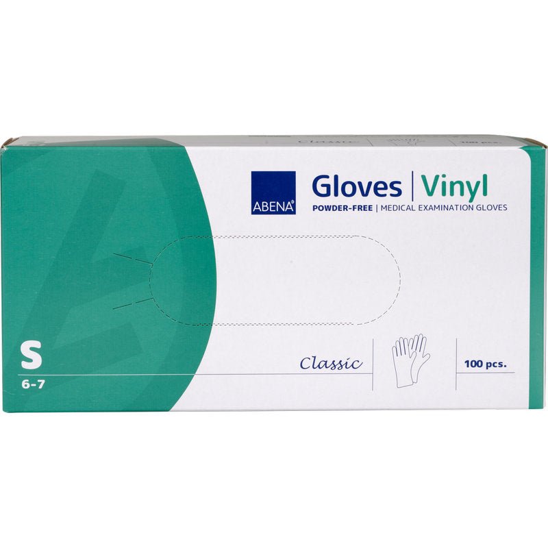 A box of Abena Re-Seller GmbH Vinyl Gloves Classic, powder-free and transparent, size small (6-7), contains 100 disposable gloves. The white-green packaging lists product details and shows a glove illustration.