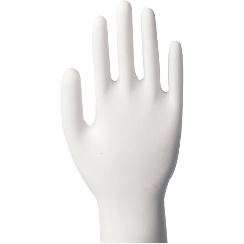 A white, upright standing mannequin hand with slightly spread fingers, depicted against a solid background, resembles Abena Re-Seller GmbH Vinyl Gloves Classic, powder-free and transparent.