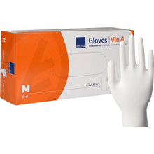 A pack of Abena Re-Seller GmbH Vinyl Gloves Classic, size M (7-8), powder-free and transparent, with the image of a white disposable glove on orange-white packaging for medical applications.