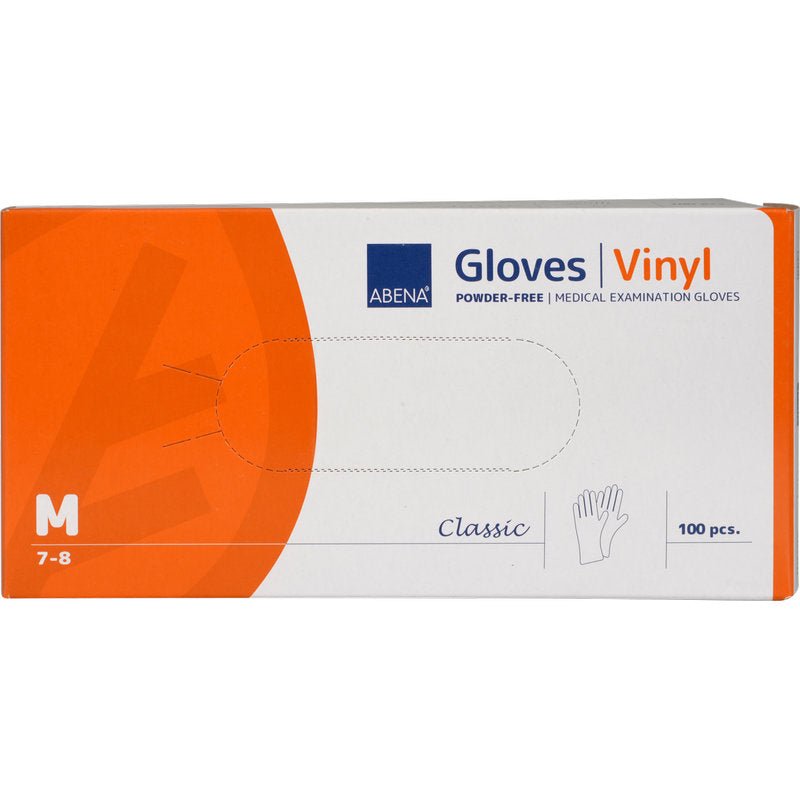 A rectangular box of Abena Re-Seller GmbH Vinyl Gloves Classic, powder-free, transparent, size medium (7-8), contains 100 disposable gloves. The orange-white box shows product info and a hand illustration on the front.
