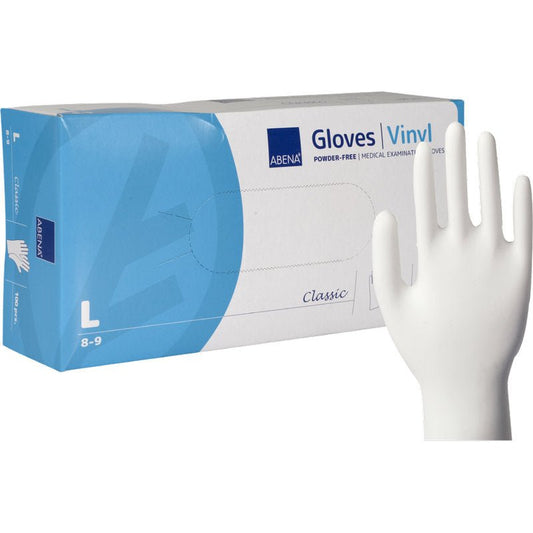 A box of Abena Re-Seller GmbH Vinyl Gloves Classic, powder-free and transparent, size large, with a single white glove standing upright; the packaging indicates suitability for medical or examination purposes.