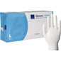 A box of Abena Re-Seller GmbH Vinyl Gloves Classic, powder-free and transparent, size large, with a single white glove standing upright; the packaging indicates suitability for medical or examination purposes.