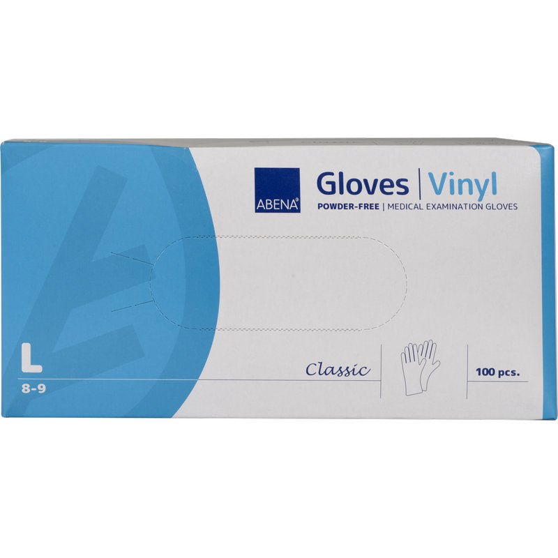 A rectangular box of Abena Re-Seller GmbH Vinyl Gloves Classic, powder-free, transparent, size large (8-9), with blue-white packaging and glove illustration contains 100 disposable gloves for medical examinations.