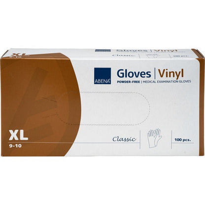 A box of Abena Re-Seller GmbH Vinyl Gloves Classic, powder-free, transparent, size XL (9-10), 100 pieces. The white box has brown and blue accents and a hand symbol.