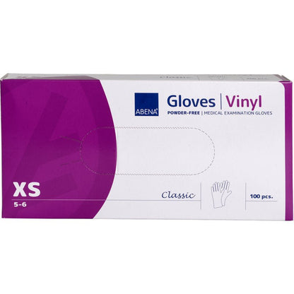 A box of Abena Re-Seller GmbH Vinyl Gloves Classic, powder-free and transparent, size XS (5-6), contains 100 pieces. The packaging is white-purple with print and glove illustration.