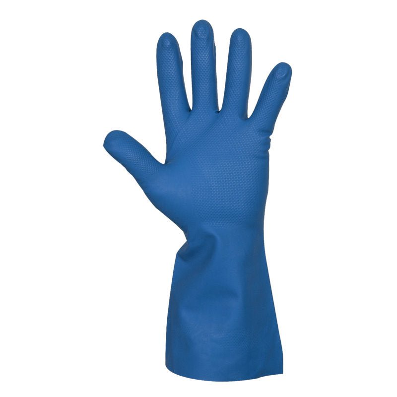 A single Abena Re-Seller GmbH household nitrile glove, blue, is depicted upright with splayed fingers, showing the textured surface and extended wrist against a plain white background.