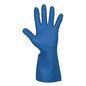 A single Abena Re-Seller GmbH household nitrile glove, blue, is depicted upright with splayed fingers, showing the textured surface and extended wrist against a plain white background.