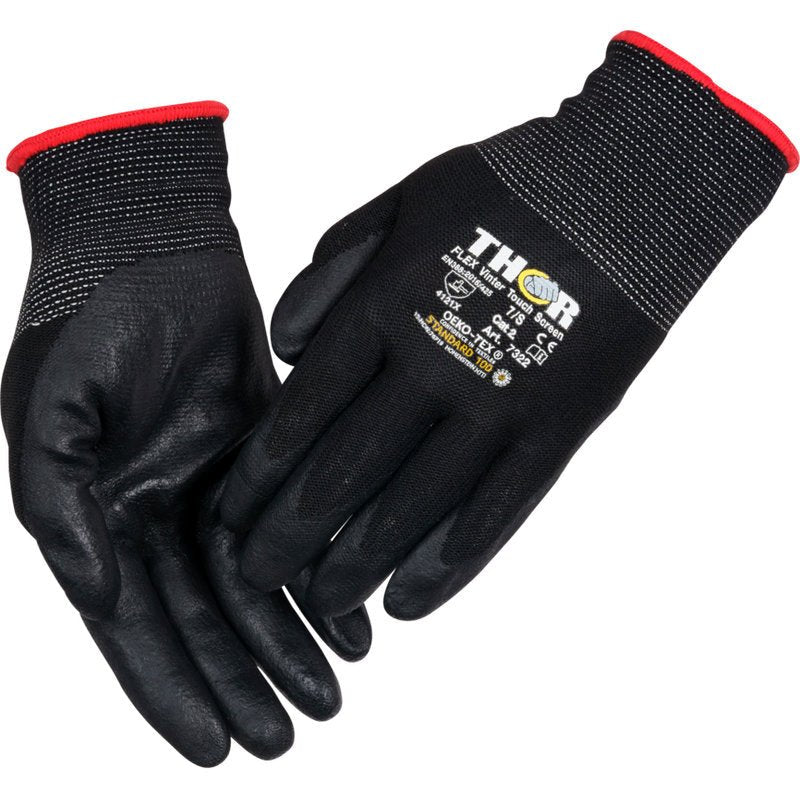 A pair of black Thor Flex winter gloves with textured grip, red-edged cuffs, and printed safety certificates on the back from Abena Re-Seller GmbH.