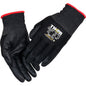A pair of black Thor Flex winter gloves with textured grip, red-edged cuffs, and printed safety certificates on the back from Abena Re-Seller GmbH.