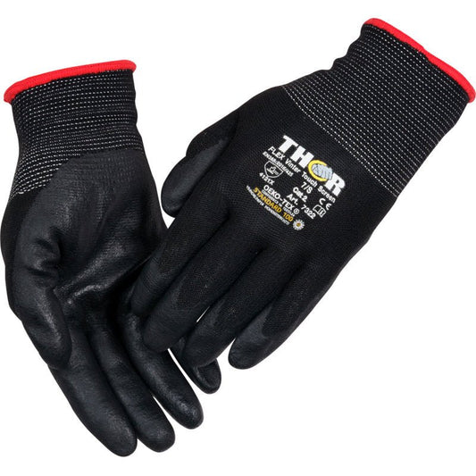 A pair of black Thor Flex winter work gloves from Abena Re-Seller GmbH with red-trimmed cuffs and branding featuring size and safety information in white and yellow on the back of one glove.