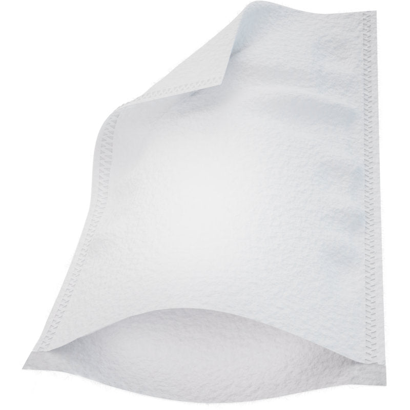 A single white Abena Re-Seller GmbH wash glove (16x23 cm, Molton Ultra Sonic) from a 50-piece pack is shown with sewn edges and a textured surface; one corner is lifted to reveal the thickness and layers.
